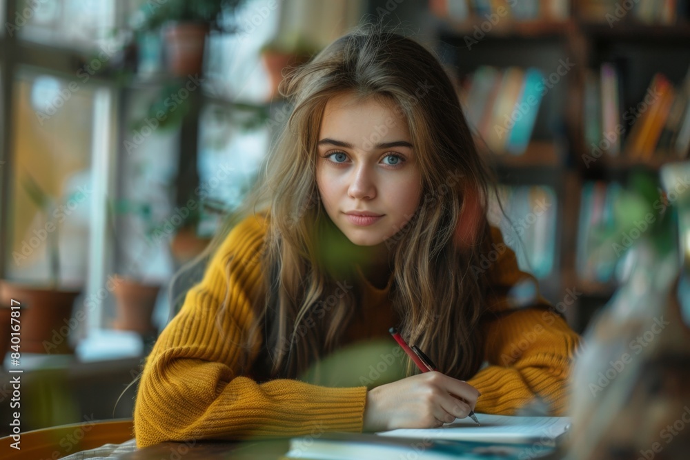 Female seated at desk, using laptop and pen Female seated at desk, using laptop and pen