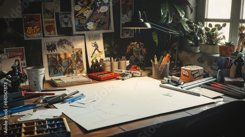 Creative Chaos Comic Book Artist's Workspace with Blank Business Cards Illustrated Panels Markers and Action Figures Inspiration for Graphic Designers and Illustrators
