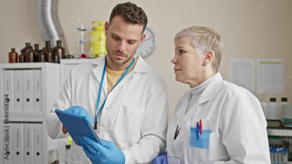A man and woman in lab coats analyze data on a tablet together in a well-equipped laboratory. A man and woman in lab coats analyze data on a tablet together in a well-equipped laboratory.