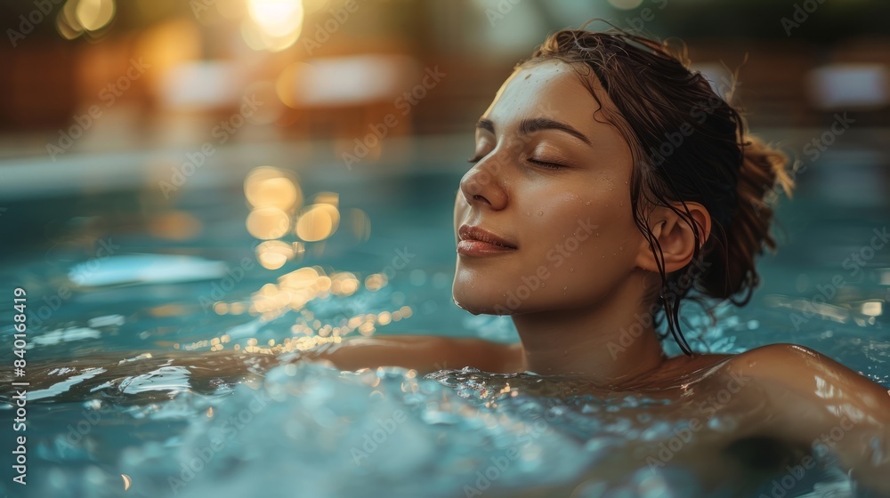 Young Woman Relaxing in Pool at Sunset with Eyes Closed, Enjoying Water Therapy and Serene Atmosphere Young Woman Relaxing in Pool at Sunset with Eyes Closed, Enjoying Water Therapy and Serene Atmosphere