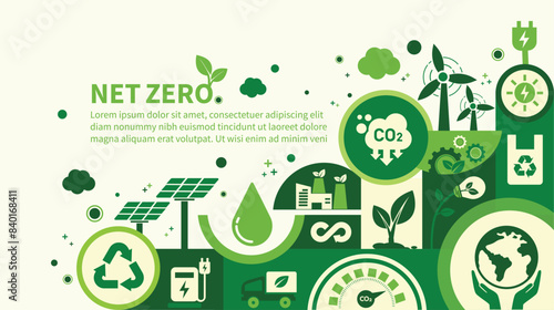 Net zero and carbon neutral concept. Net zero greenhouse gas emissions target. Climate neutral long term strategy with green net zero icons. Environment web banner with green city vector template.