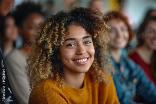 Curly-haired woman in yellow sweater smiles before audience