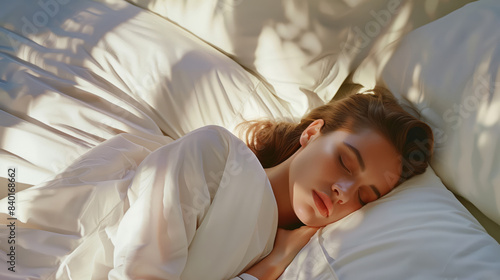 Woman Sleeping Comfortably On Bed With Gentle Light And Shadows Falling
