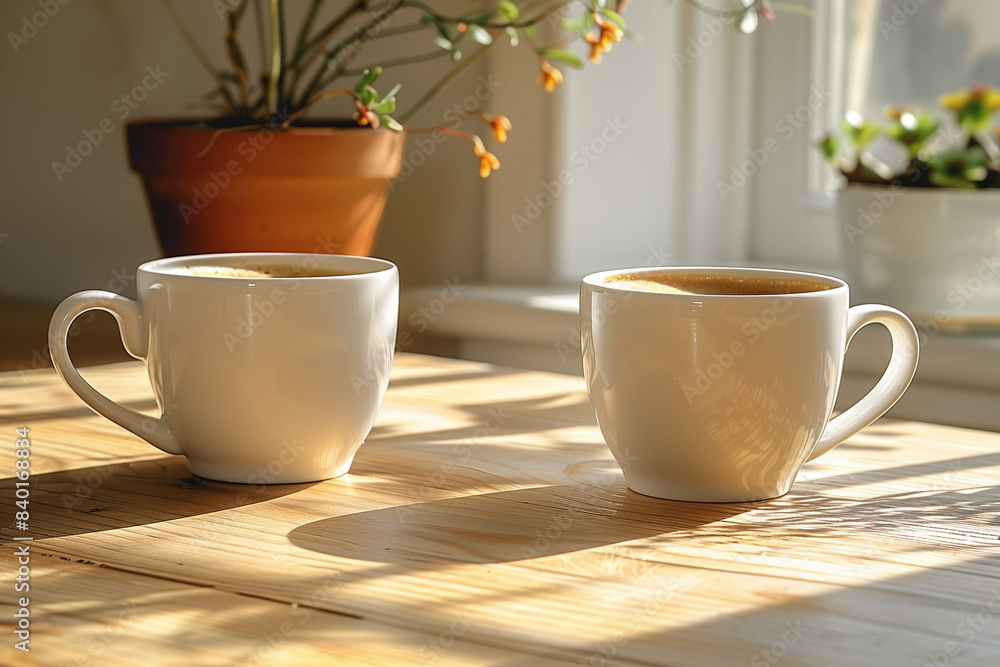 Two Coffee Cups on Sunlit Wooden Table Two Coffee Cups on Sunlit Wooden Table