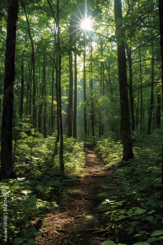 Fototapeta premium Sunlight filtering through lush forest canopy, inviting exploration of nature's beauty.
