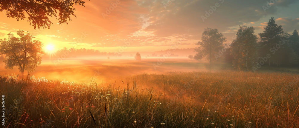 Experience fog-covered grassland and trees at sunrise in a serene setting Experience fog-covered grassland and trees at sunrise in a serene setting