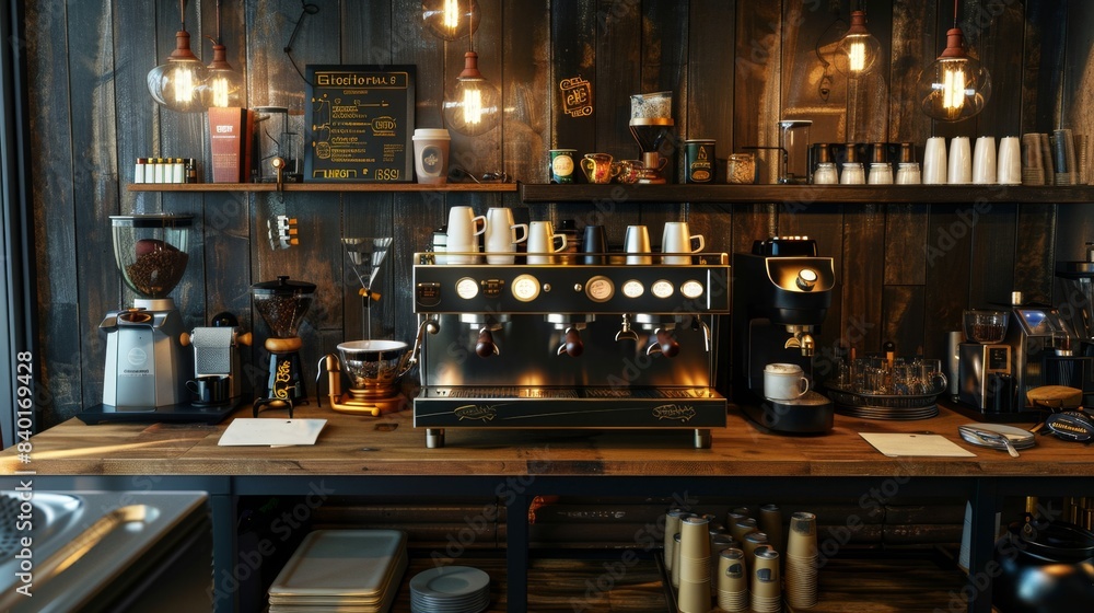 Mastering the Art of Espresso Professional Barista Workspace with HighEnd Equipment Blank Business Cards and Coffee Art Tools for Creative Practice and Networking