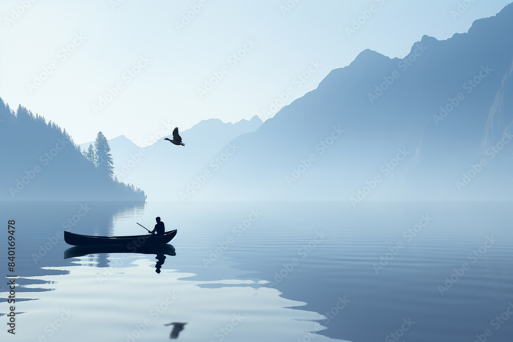 Fototapeta premium Breathtaking landscape of Moraine Lake at sunset. Golden light bathes the mountains reflected in the still water. A lone canoe glides peacefully.