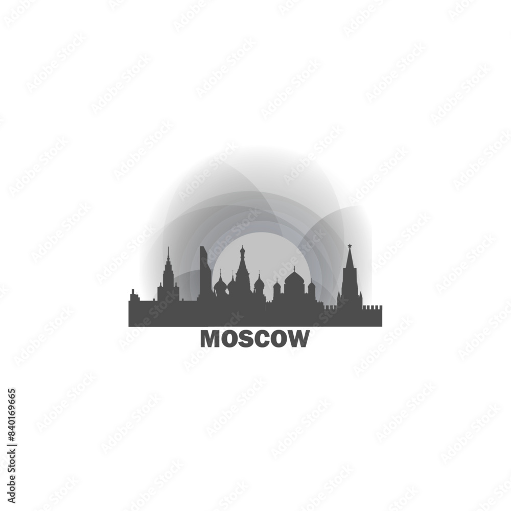 Obraz premium Moscow skyline, downtown panorama logo, logotype. Russia capital city badge contour, isolated vector pictogram with cathedral, monuments, landmarks, skyscrapers at sunrise, sunset