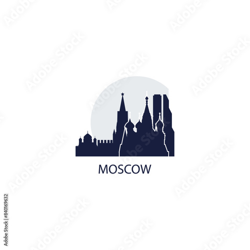 Moscow skyline, downtown panorama logo, logotype. Russia capital city badge contour, isolated vector pictogram with cathedral, monuments, landmarks, skyscrapers at sunrise, sunset