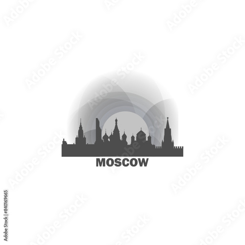 Moscow skyline, downtown panorama logo, logotype. Russia capital city badge contour, isolated vector pictogram with cathedral, monuments, landmarks, skyscrapers at sunrise, sunset