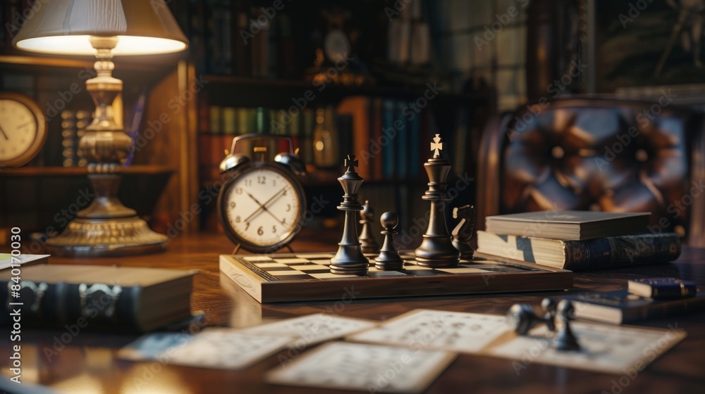 Strategic Success Chess Master's Workspace with Business Cards Chessboard and Clocks Strategic Success Chess Master's Workspace with Business Cards Chessboard and Clocks