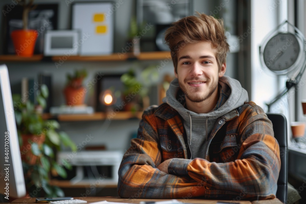 Happy guy at a table with folded arms Happy guy at a table with folded arms