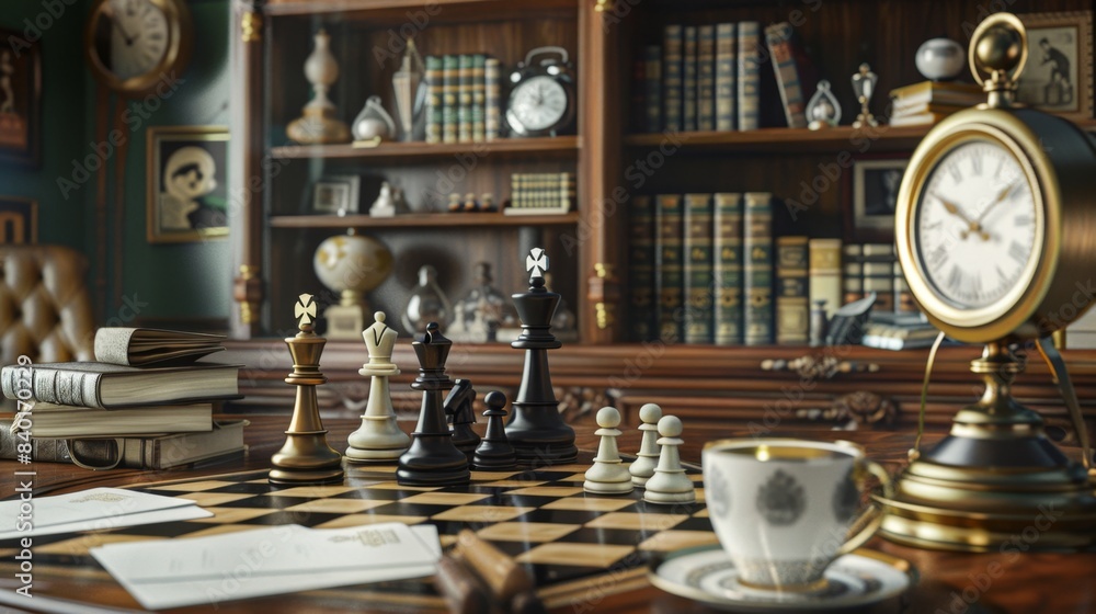 Strategic Success Chess Master's Workspace with Business Cards Chessboard and Clocks Strategic Success Chess Master's Workspace with Business Cards Chessboard and Clocks