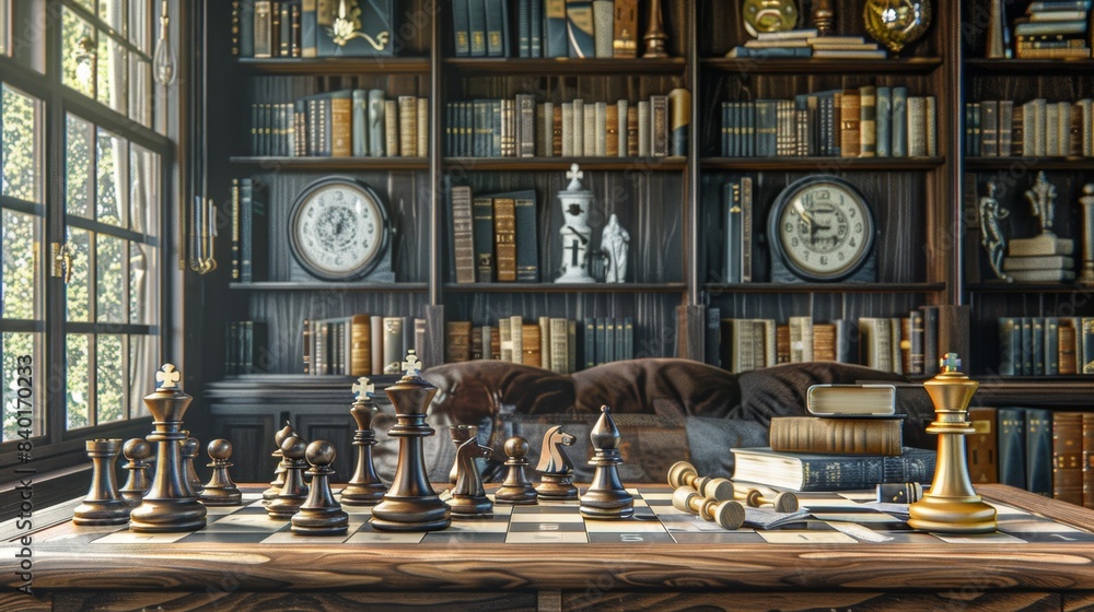 Strategic Success Chess Master's Workspace with Business Cards Chessboard and Clocks Strategic Success Chess Master's Workspace with Business Cards Chessboard and Clocks