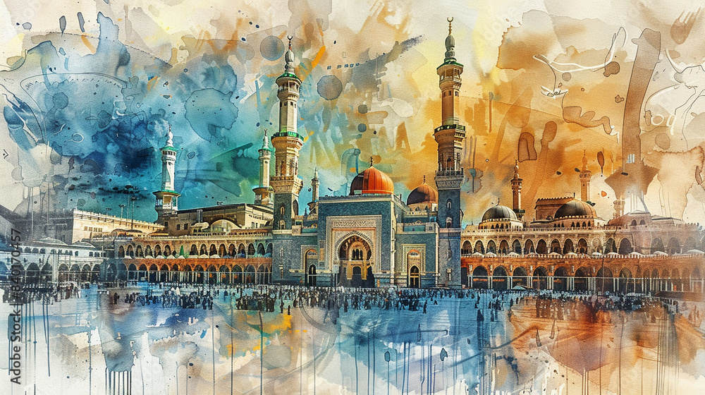 Watercolor hand draw The Masjid alHaram in Mecca Saudi Arabia Stock
