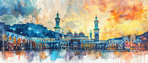 Watercolor hand draw The Masjid al-Haram in Mecca Saudi Arabia photo