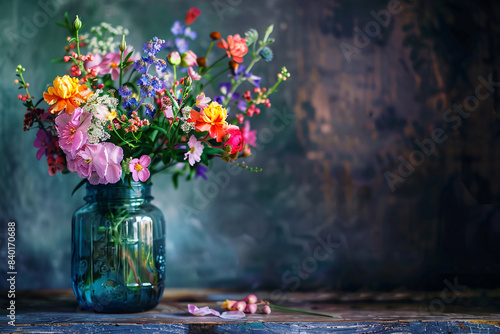 a bouquet of colorful flowers in a glass jar photo