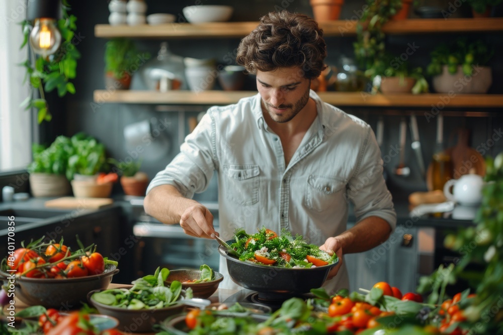 Man making salad in kitchen with numerous bowls Man making salad in kitchen with numerous bowls