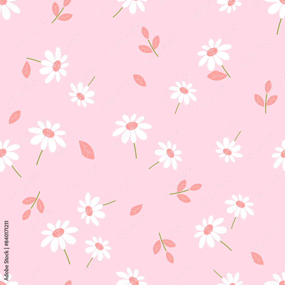 Seamless pattern with daisy flower and branches on pink background vector. Cute floral print.