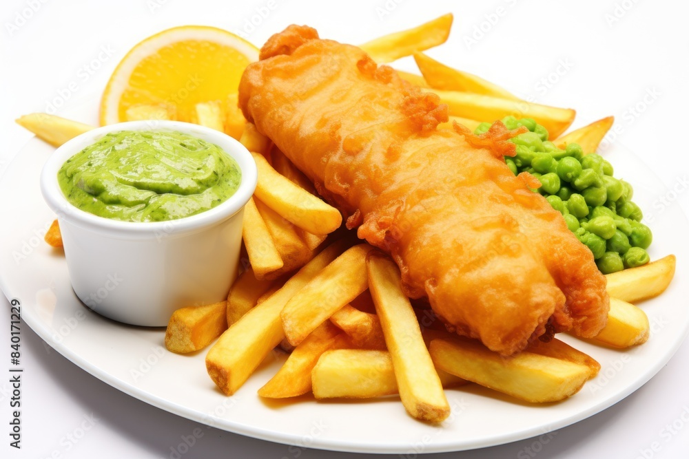 A close-up photo of fish and chips, with crispy golden-brown batter encasing flaky white fish, accompanied by tartar sauce and mushy peas A close-up photo of fish and chips, with crispy golden-brown batter encasing flaky white fish, accompanied by tartar sauce and mushy peas