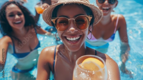  Smiling Friends Having Fun in a Pool Party with Refreshing Drinks on a Sunny Day © Flow_control