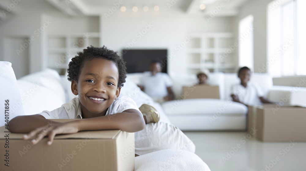 Happy family packing boxes in their living room, children helping to place items in boxes, preparing for their new home adventure Happy family packing boxes in their living room, children helping to place items in boxes, preparing for their new home adventure