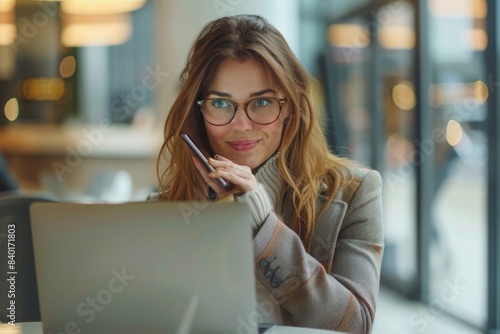 Woman in eyeglasses chatting on cellphone while seated at desk photo
