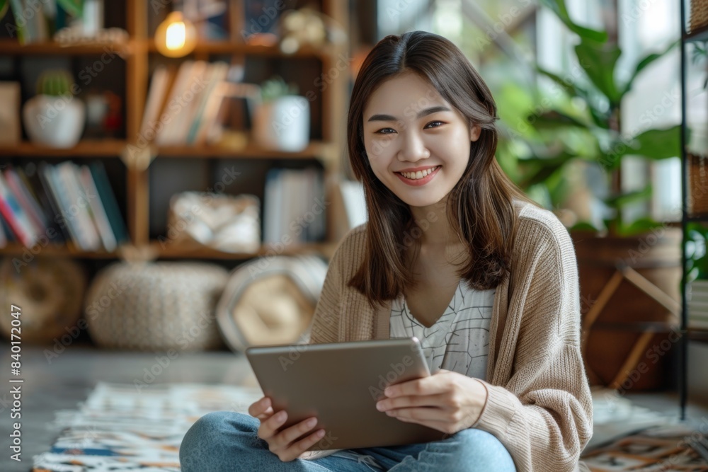 Female seated floor tablet device