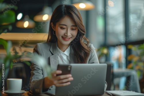 Female typing on laptop at desk with smile photo