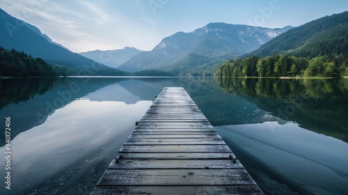 long wooden dock juts into a calm lake surrounded by mountains