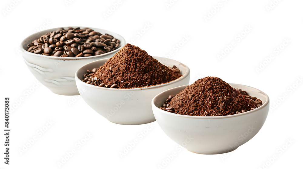 Bowls with instant coffee and roasted beans isolated on transparent background Bowls with instant coffee and roasted beans isolated on transparent background