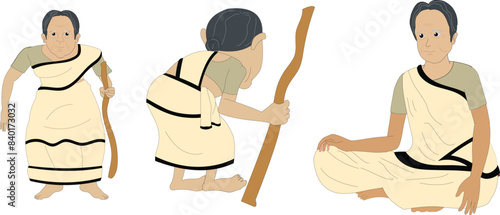 Indian old woman in white saree model sheet. Indian grandmother character set in white saree for cartoon
