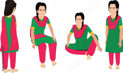 Indian Girl  model sheet wearing kurta. Indian woman character set. Asian lady character design. character for cartoon animation
