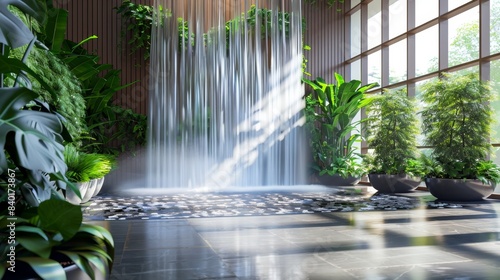 Tranquil Oasis Serene Corporate Lobby with Indoor Waterfall and Lush Plant Installations Creating a Relaxing and EcoFriendly Entrance for Businesses © ASoullife