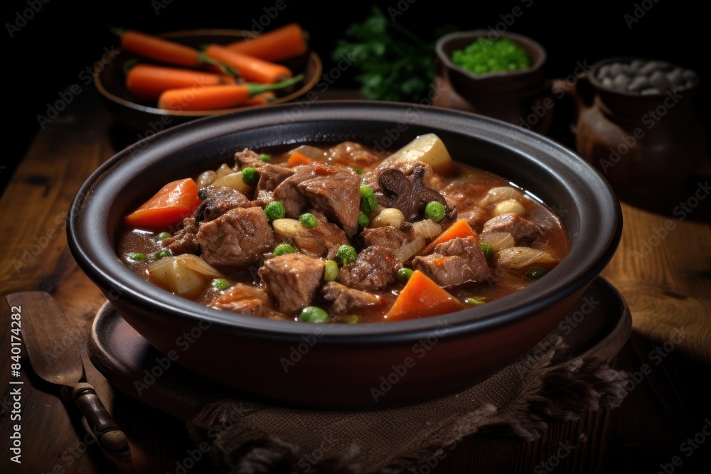 rustic bowl of pork stew, filled with tender chunks of pork, vegetables, and a rich broth. rustic bowl of pork stew, filled with tender chunks of pork, vegetables, and a rich broth.