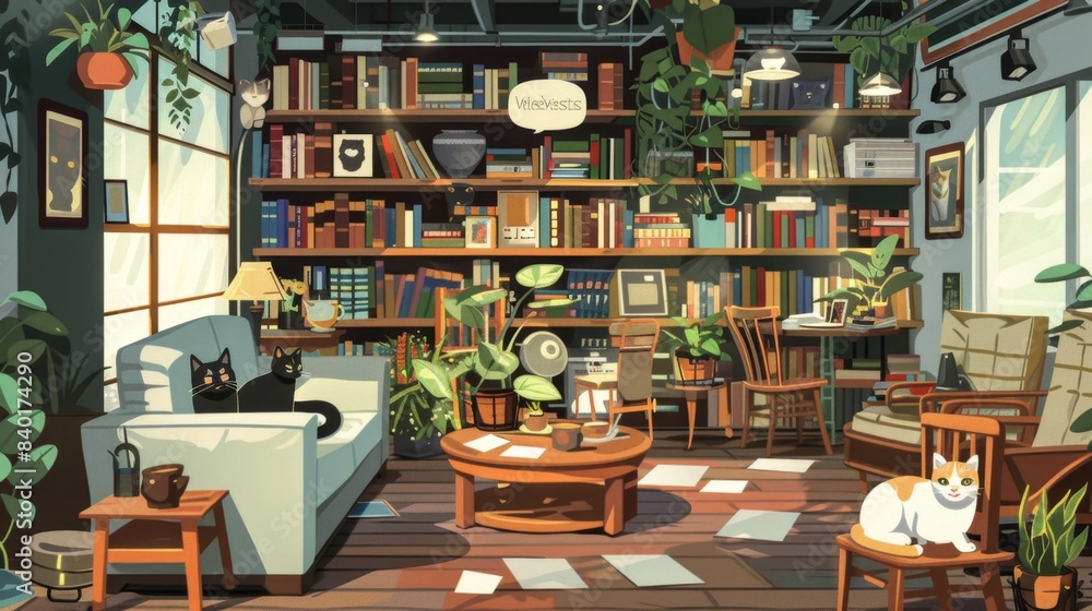 Feline Haven Cozy Cat Cafe with Business Cards Lounge Cats and Bookshelves Feline Haven Cozy Cat Cafe with Business Cards Lounge Cats and Bookshelves