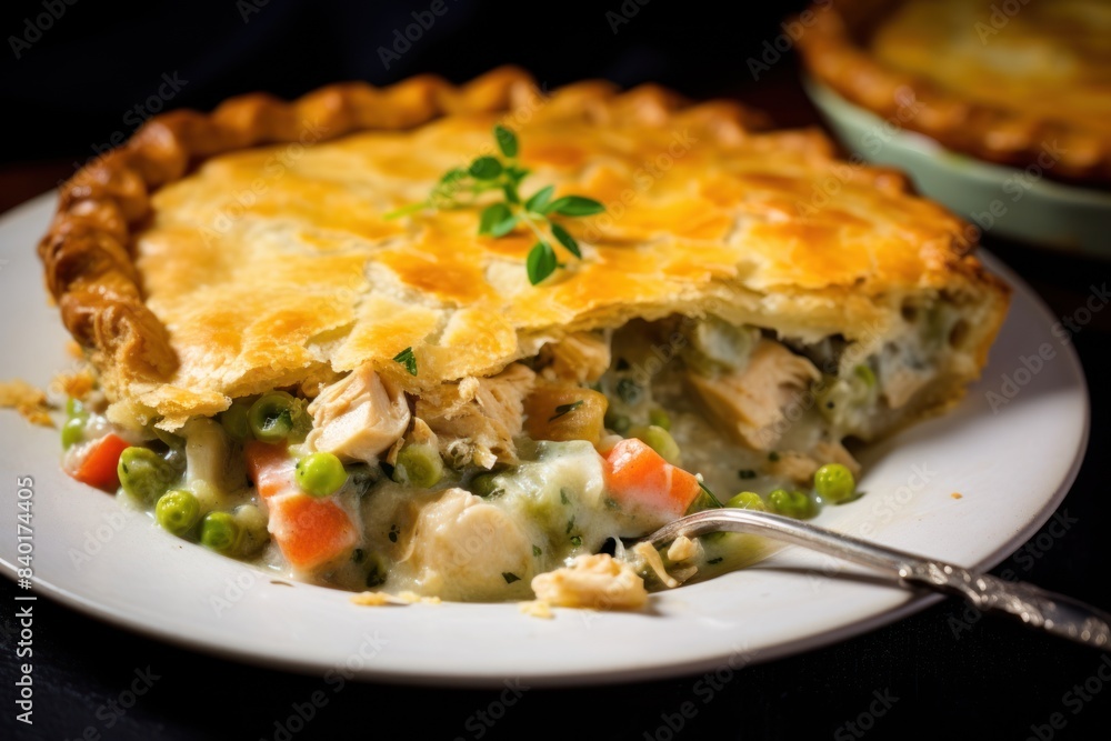 savory chicken pot pie with a golden brown crust, filled with a rich and creamy chicken and vegetable filling, on a white dinner table. savory chicken pot pie with a golden brown crust, filled with a rich and creamy chicken and vegetable filling, on a white dinner table.