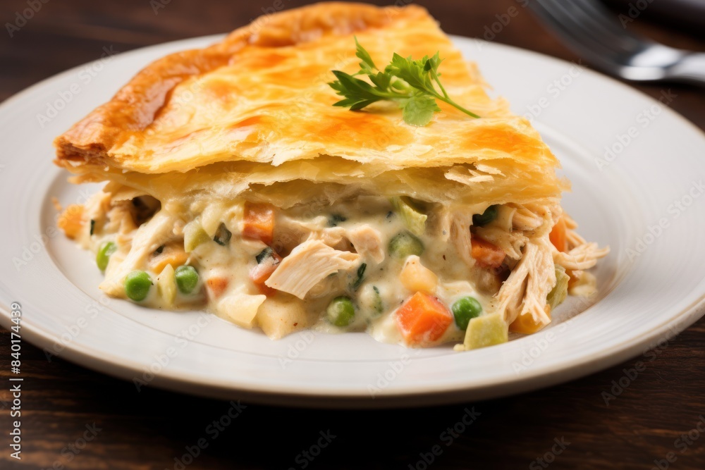 savory chicken pot pie with a golden brown crust, filled with a rich and creamy chicken and vegetable filling, on a white dinner table. savory chicken pot pie with a golden brown crust, filled with a rich and creamy chicken and vegetable filling, on a white dinner table.