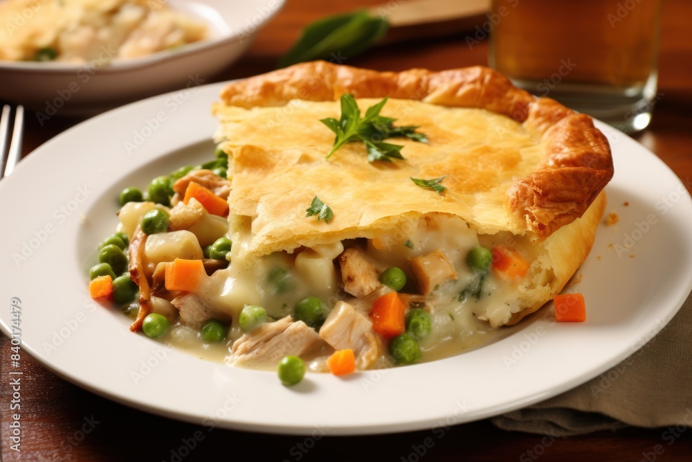 savory chicken pot pie with a golden brown crust, filled with a rich and creamy chicken and vegetable filling, on a white dinner table. savory chicken pot pie with a golden brown crust, filled with a rich and creamy chicken and vegetable filling, on a white dinner table.