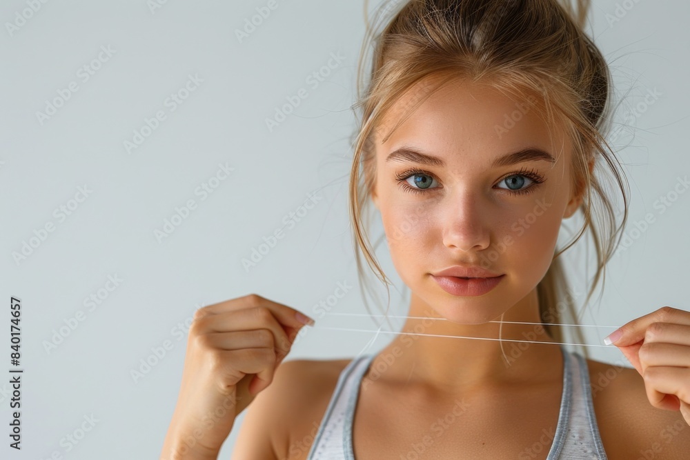 Female entity clutching rope near facial region Female entity clutching rope near facial region