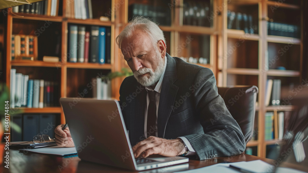 A sophisticated elderly man in a suit, sitting at a table in his home office, deeply immersed in work on his laptop. Ai generated A sophisticated elderly man in a suit, sitting at a table in his home office, deeply immersed in work on his laptop. Ai generated