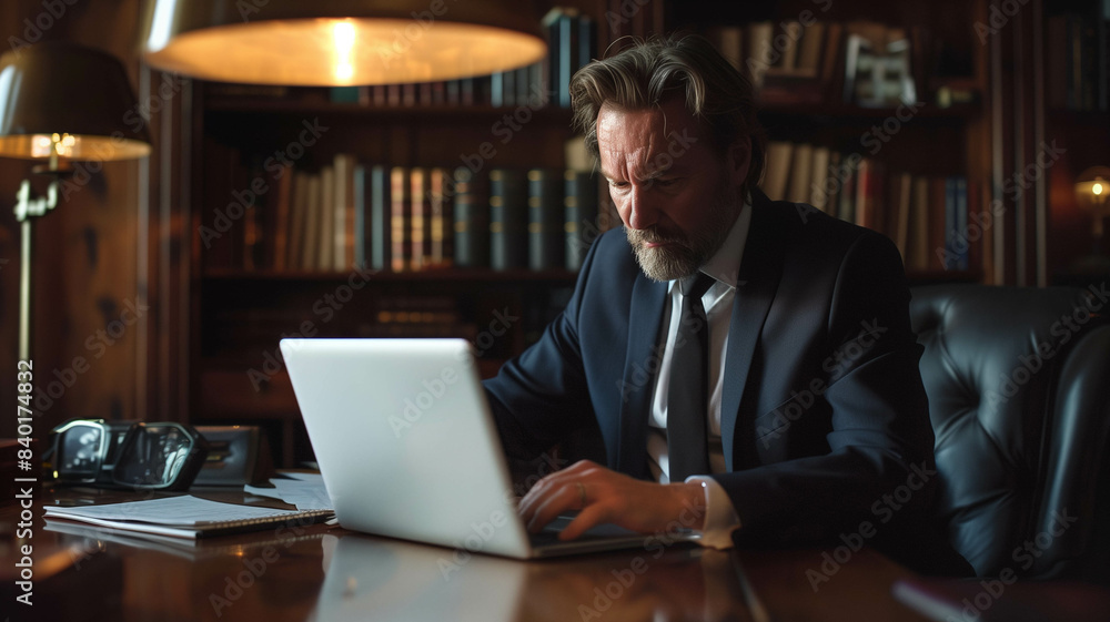 A sophisticated elderly man in a suit, sitting at a table in his home office, deeply immersed in work on his laptop. Ai generated A sophisticated elderly man in a suit, sitting at a table in his home office, deeply immersed in work on his laptop. Ai generated