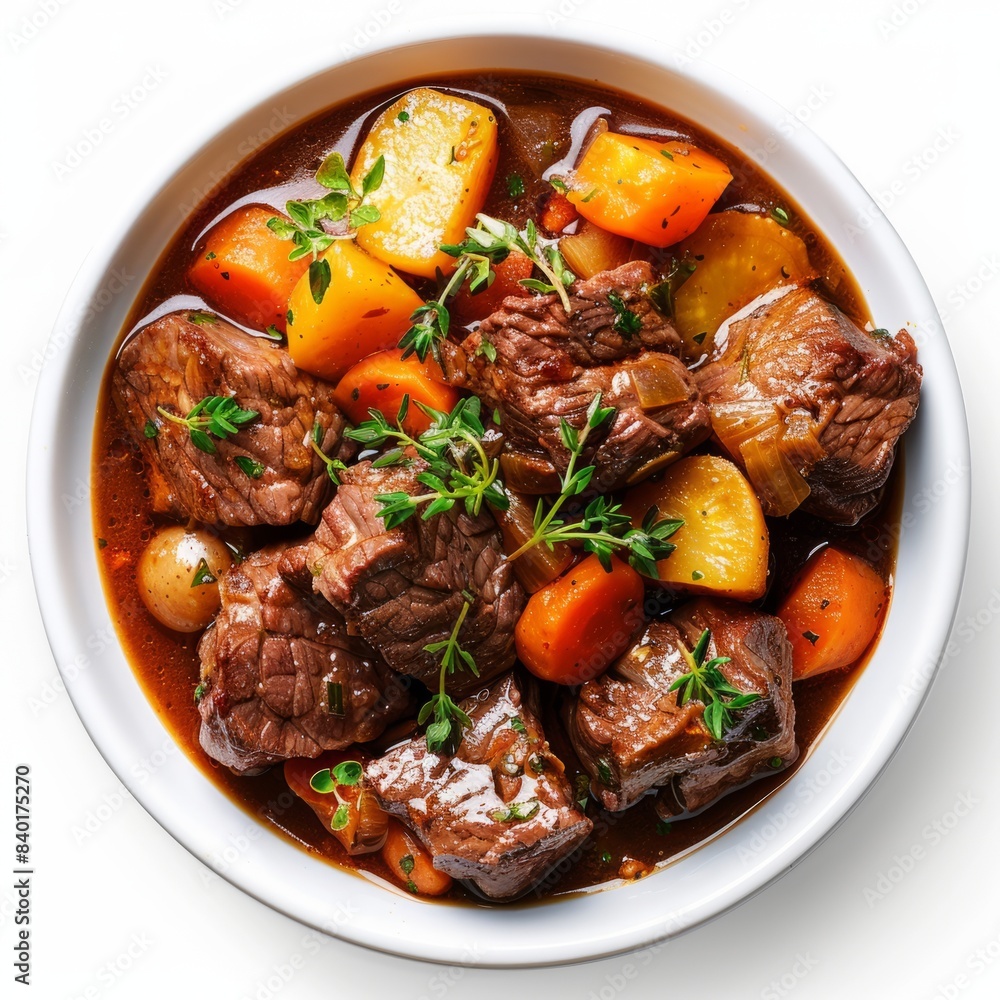 Hearty Beef Stew with Potatoes and Carrots in White Bowl - Comforting Delicious Homemade Meal Hearty Beef Stew with Potatoes and Carrots in White Bowl - Comforting Delicious Homemade Meal