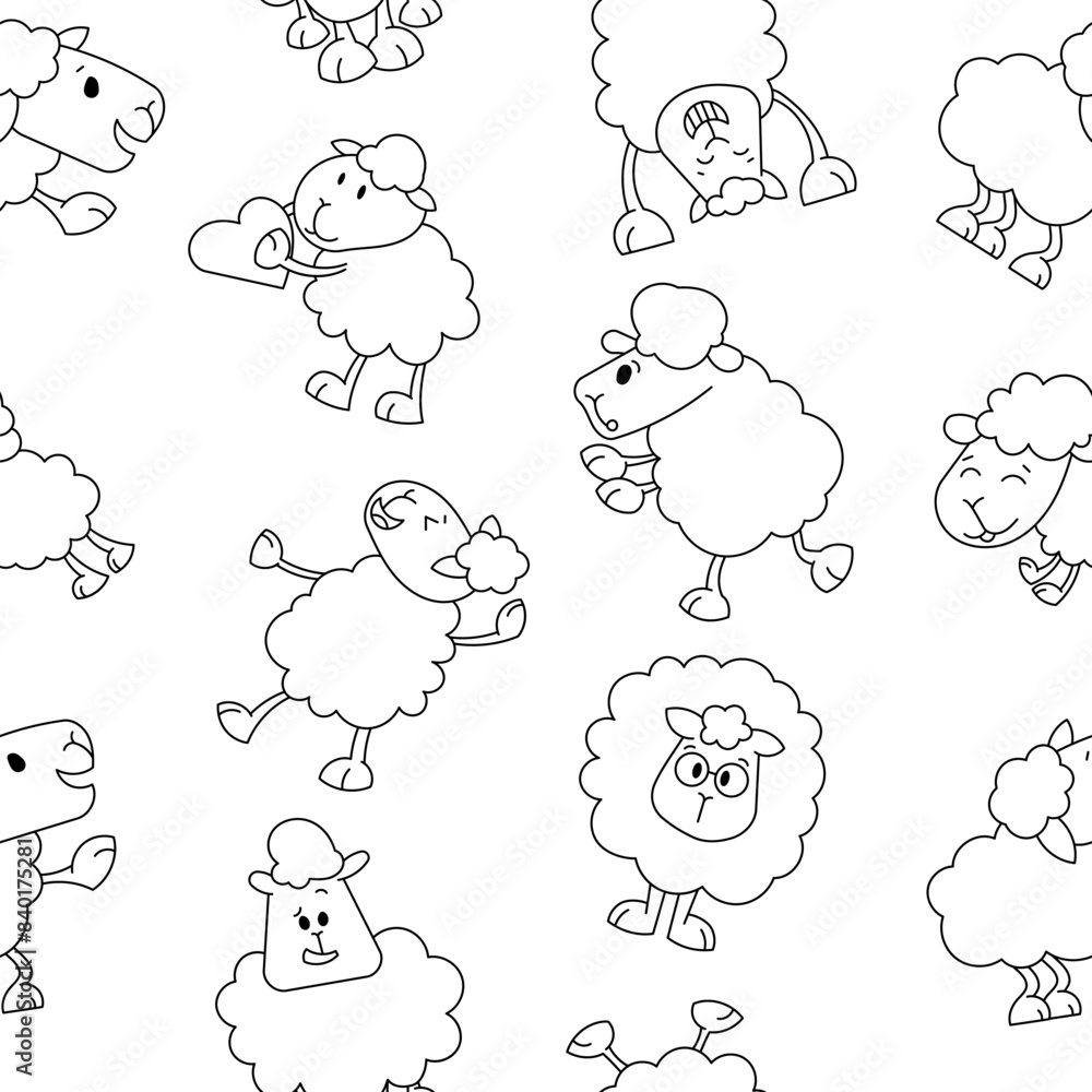 Sheep character cartoon. Seamless pattern. Coloring Page. Cute farm animal. Flower, grass and plant. Vector drawing. Design ornaments. Sheep character cartoon. Seamless pattern. Coloring Page. Cute farm animal. Flower, grass and plant. Vector drawing. Design ornaments.