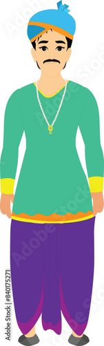 Indian Prince character for cartoon animation. Indian prince with mustache crown and dhoti kurta