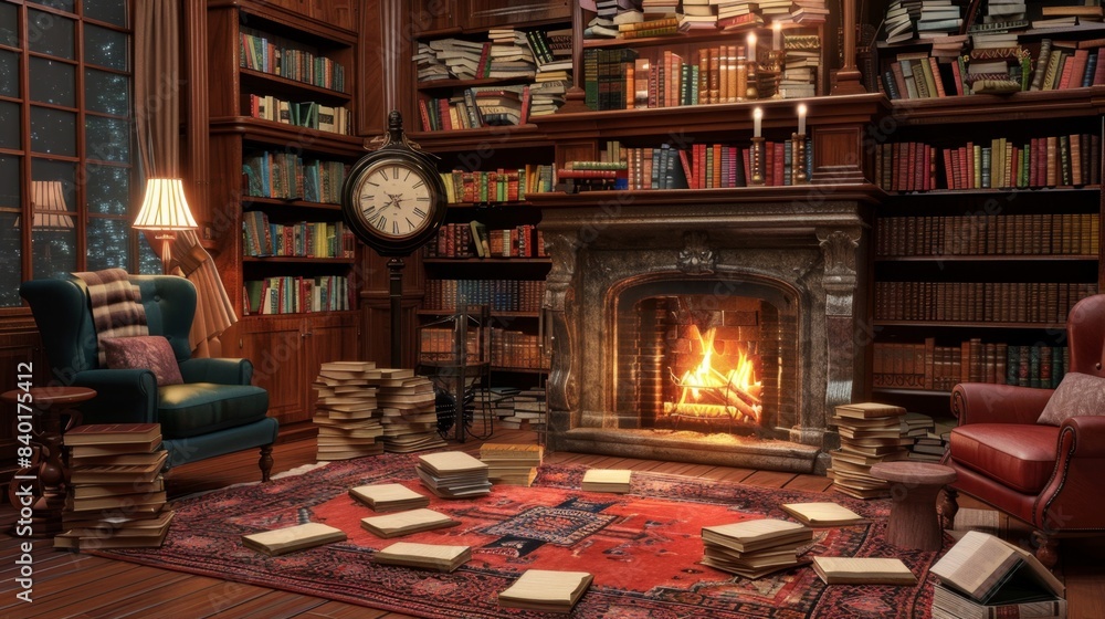 Enchanting Bookstore Ambiance Cozy Mysteries Crackling Fireplace and Blank Business Cards Await Enchanting Bookstore Ambiance Cozy Mysteries Crackling Fireplace and Blank Business Cards Await