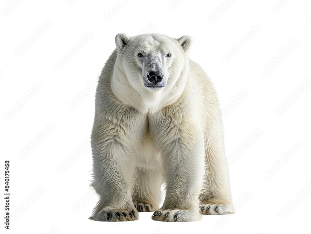 A majestic polar bear standing against a white background, showcasing its powerful physique and beautiful white fur. isolated transparent PNG background. A majestic polar bear standing against a white background, showcasing its powerful physique and beautiful white fur. isolated transparent PNG background.
