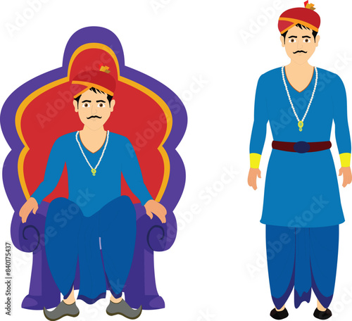 Indian prince character model sheet for 2d cartoon. King 2d cartoon character set design. indian male cartoon character