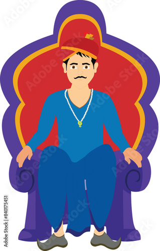 Indian courtier sitting pose for cartoon animation. King sitting on a throne isolated background 